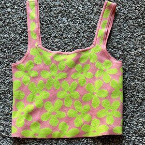 Pink & Green Flower Crop Top Womens Small Amisu Floral Nautical Aesthetic